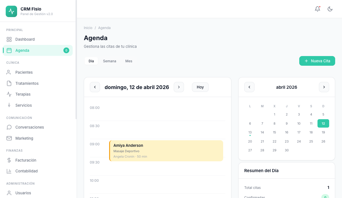 Gestión de agenda — CRM Fisio Inteligente