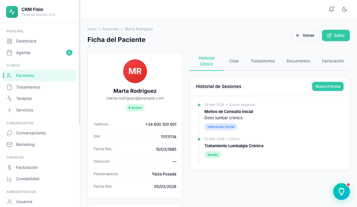 Ficha del Paciente — CRM Fisio Inteligente